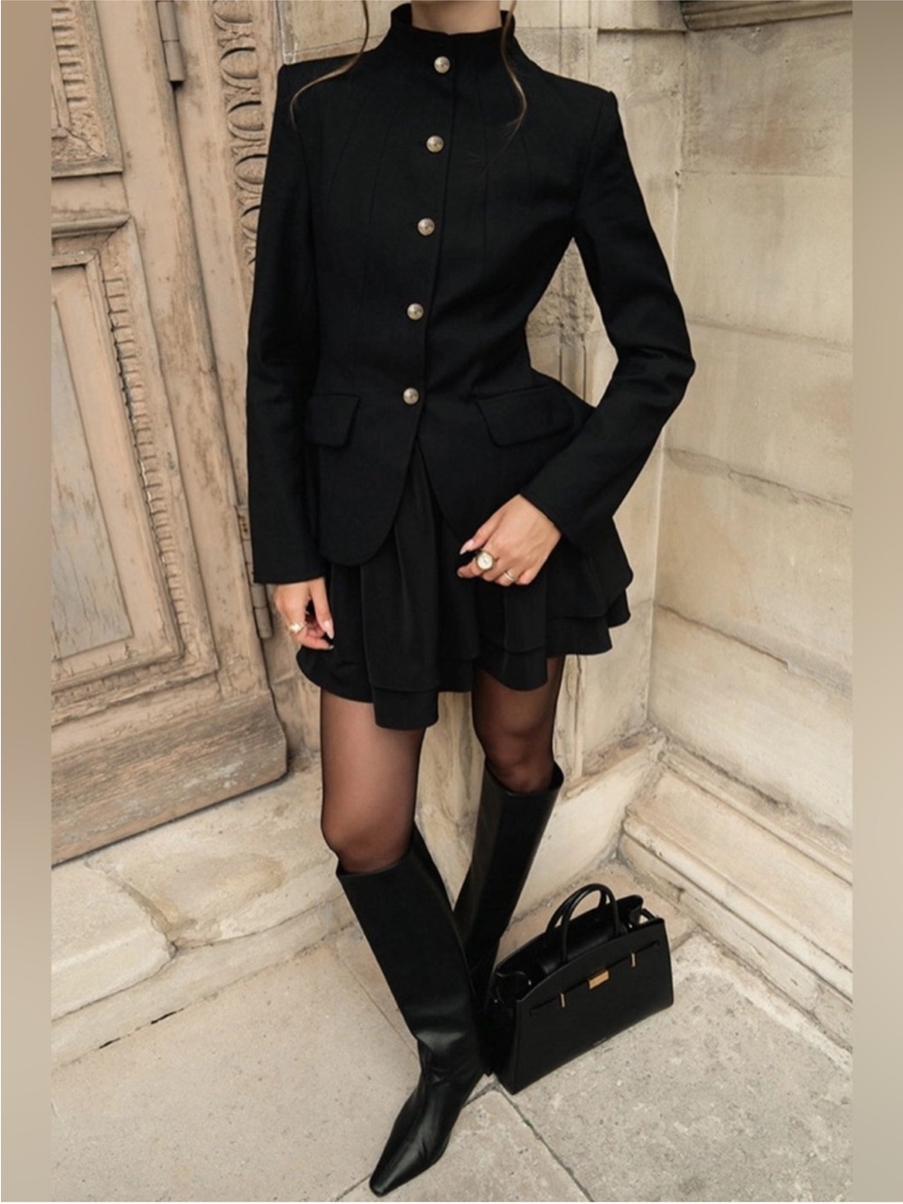 Tailored Black Buttoned Blazer & Skirt Set